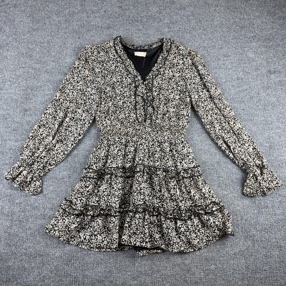 Altar'd State Dress Womens Small Black Floral Smocked Ruffle Long Sleeve Mini